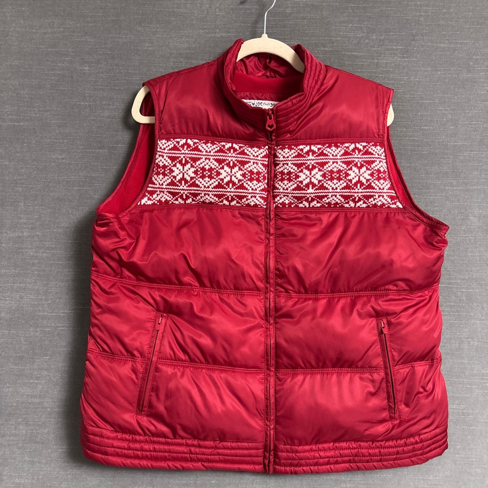 Vintage y2k Old Navy Puffer Vest XL Red Fair Isle Fleece Lined Sleeveless Angora
